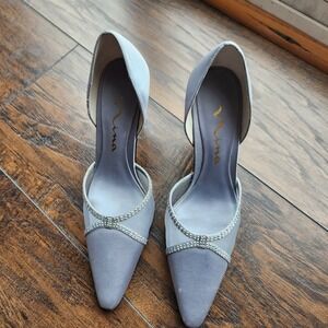 Nina Silver Blue Satin Rhinestone Mesh d'Orsay Pointed Toe Pumps Heels 6.5M